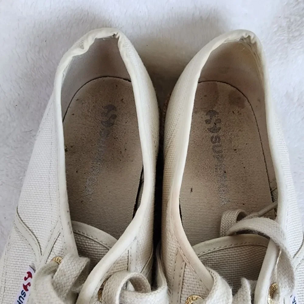 Superga Womens Beige Canvas Espadrille Platform Lace Up Low Top Sneakers Size 10